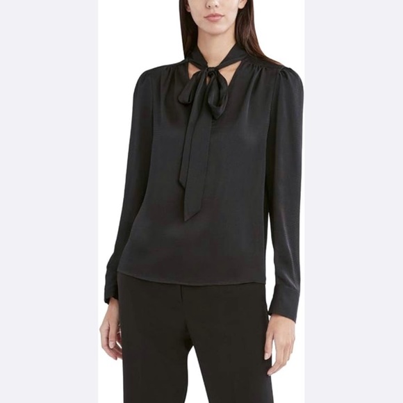 BCBGMAXAZRIA Black Relaxed Long Sleeve V-Neck Blouse with Functional Tie, sz XXS - Picture 1 of 10